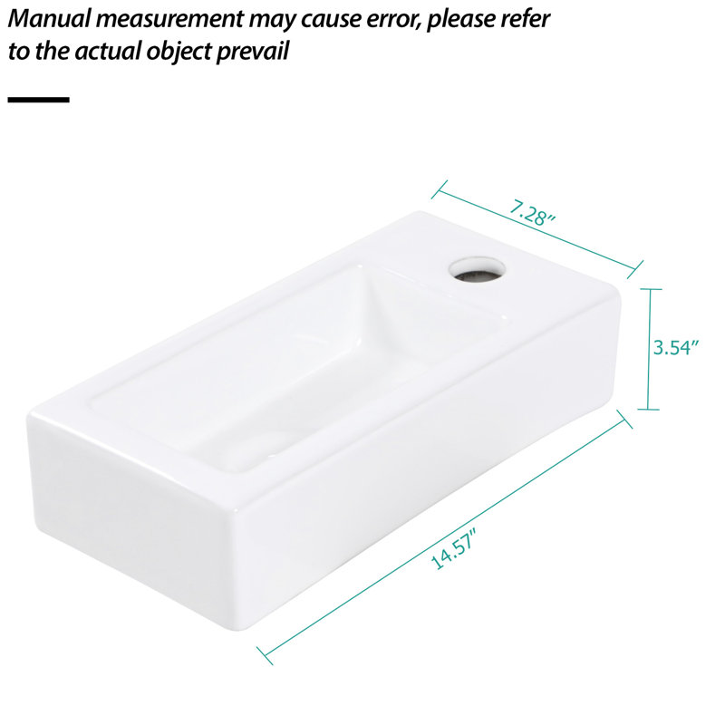 Lavabo de salle de bain en céramique blanche - fixation murale, 14,34 x 7,07 po, teint, rectangulaire, trou de robinet avec fixation en pouce, blanc, présenté