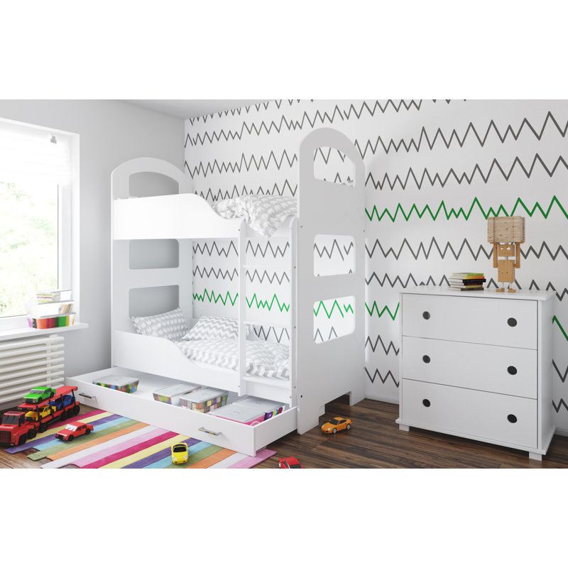 Spady Bunk Bed with Built-in Ladder Included, 80 x 180 cm, White, With Drawer
