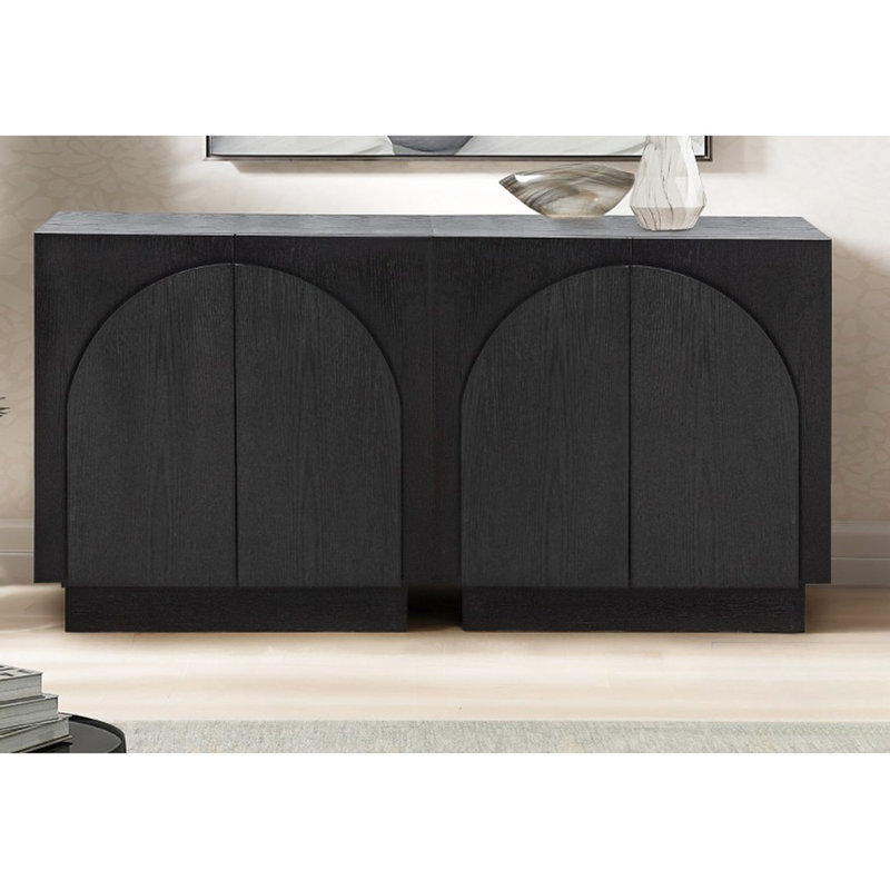 Armoire décorative Mid-Century moderne noire, rangement de salon ou de cuisine, conception à bords arrondis, chêne propre, assemblage simple pour la pièce, rangement avec coins arqués, facile