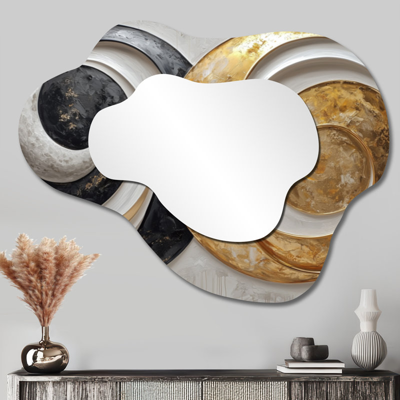 Abstract Gold And White Eclipse Of Moons I - Abstract Spirals Asymmetrical Wall Mirror, Modern Vanity Mirror, Printed on Metal
