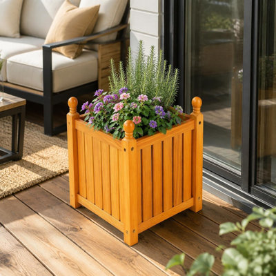 Boîte à fleurs d'extérieur carrée en bois Boîte à fleurs en teck pour patio et terrasse de jardin avec finition en grain de bois naturel Design moderne et propre pour la floraison saisonnière Herbes et verdure