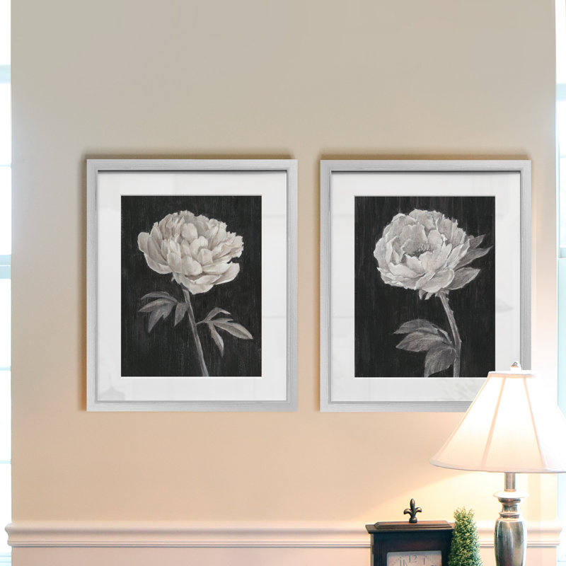 Fleurs noires et blanches, ensemble de 2 reproductions d’art graphique encadrées sur papier
