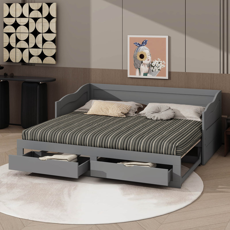 Lit de jour simple en bois avec lit gigogne et deux tiroirs de rangement, lit de jour extensible, Gris