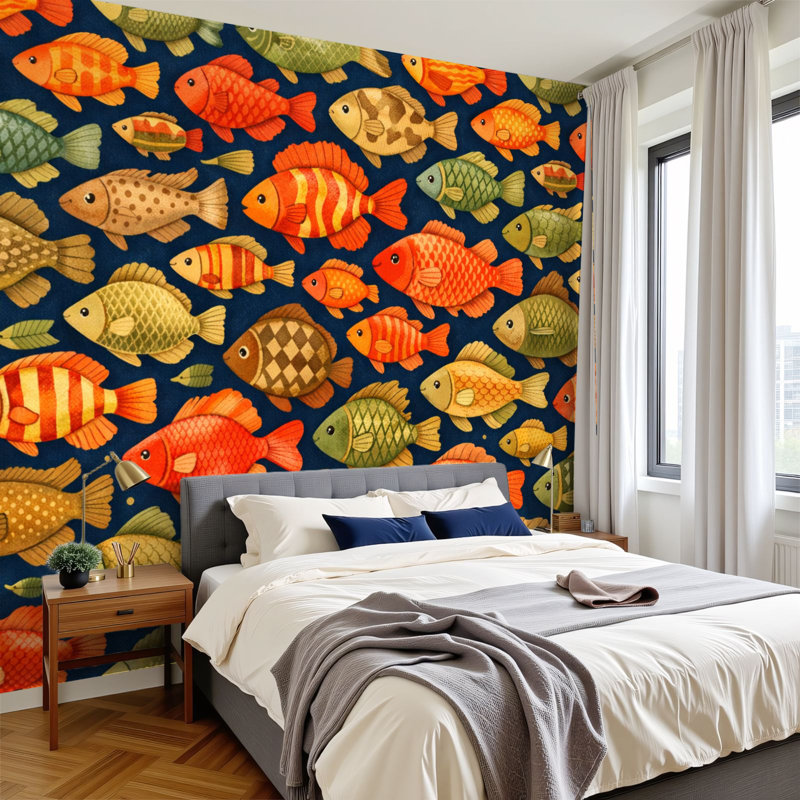 Papier peint adhésif à motif de poissons multicolores orange, jaune, vert, vert, L 144 po x l 100 po