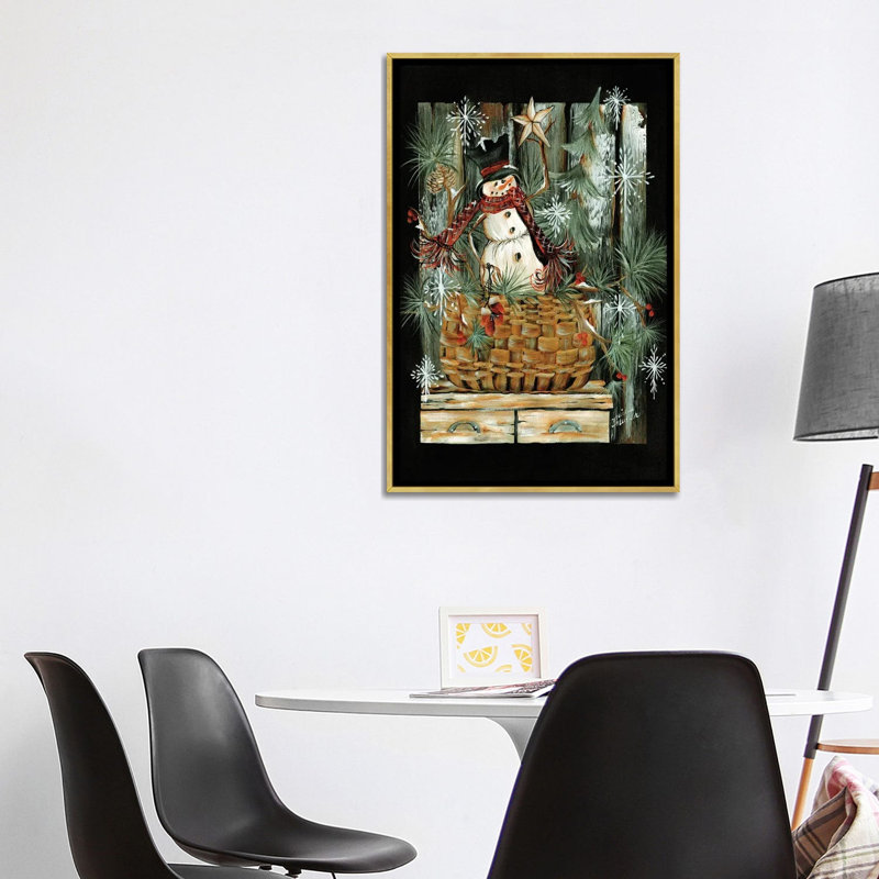 Bonhomme de neige dans un panier - reproduction d'art murale - toile encadrée, H 40 po x l 26 po, Doré