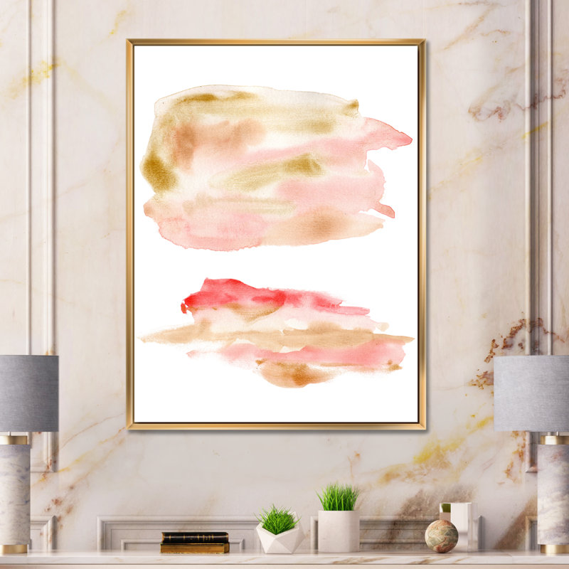 Ensemble abstrait avec taches or rose et rouges - Peinture sur toile avec cadre flottant, H 32 po x l 24 po x P 1 po