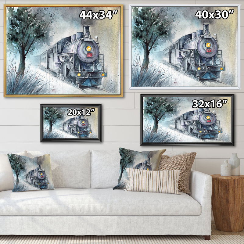 Une locomotive à vapeur en hiver - Peinture sur toile, H 30 po x l 40 po, Cadre flottant doré