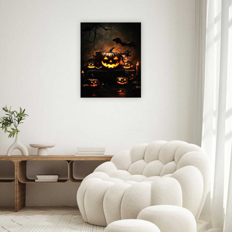 Lanterne noire citrouille rougeoyante avec des sourires effrayants, impression sur toile, art mural de qualité supérieure pour le salon, 32 x 24 po