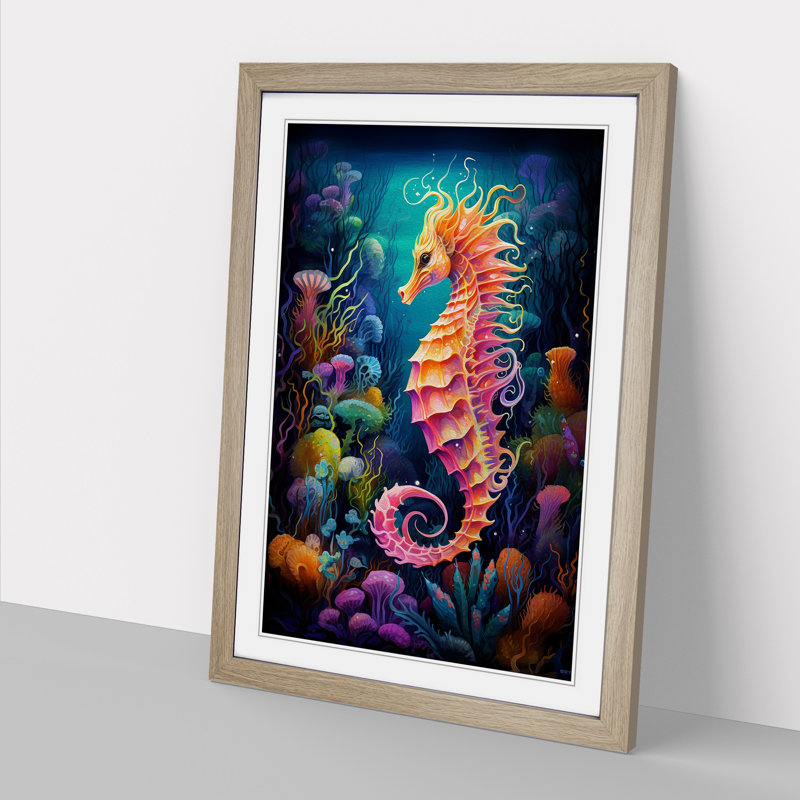 Seahorse Colour Field - Single Picture Frame Print on Wood, 34cm H x 25cm W x 2cm D, Oak 