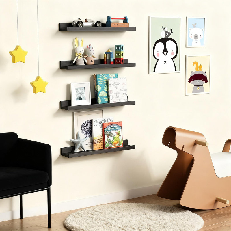 Set Of 4 Floating Shelves With Protective Lip, 24 Inch Wall Mounted Picture Ledge Shelves For Nursery, Living Room, Bathroom And Office, Real Wood Bookshelves For Kids Room Decor And Organization
