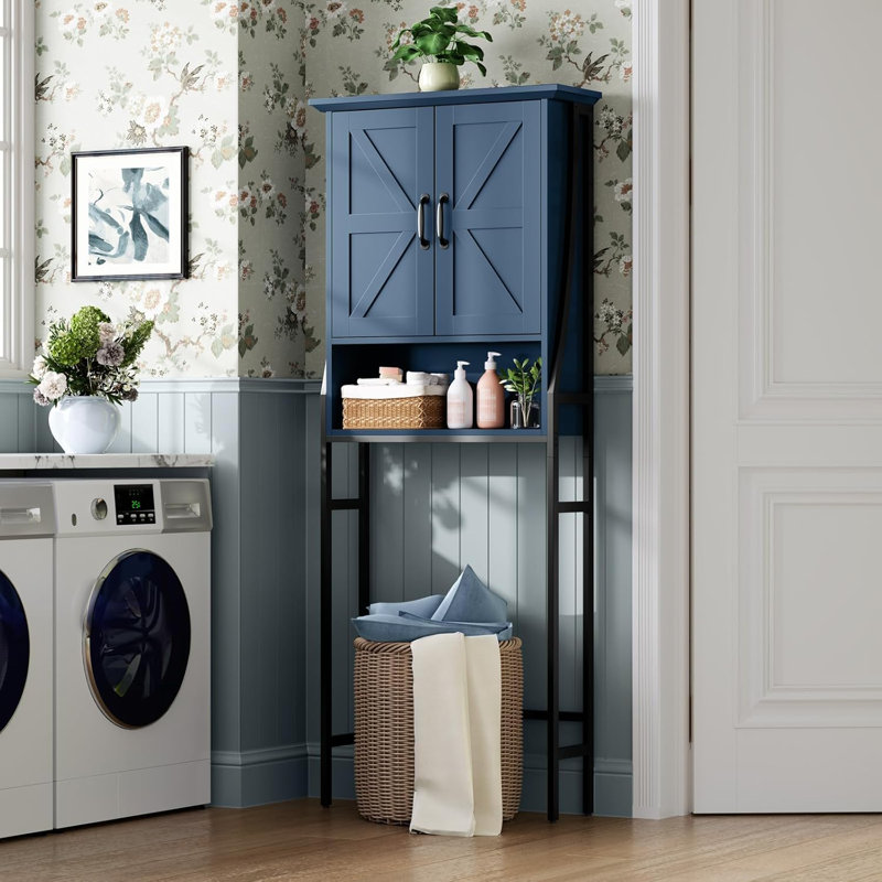Over The Toilet Storage Cabinet With Doors And Open Shelf - Space Saving Bathroom Organizer For Toiletries, Laundry, And More - Sturdy Frame With Adjustable Shelf And Levelers