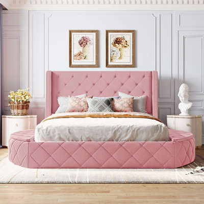 Queen Upholstered Velvet Platform Bed w/ Wingback Headboard, Storage Drawer & 2 Side Stools, Gray Bedroom Furniture