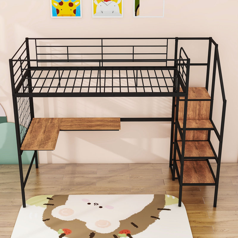 Ardella Metal Loft Bed with Desk and Wardrobe, Twin, Black