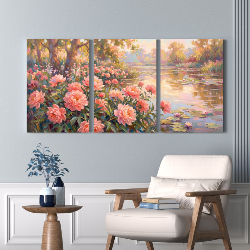 Pivoine jardin paysage peinture à l'huile sur toile tendue ensemble d'art mural de 3 pour le salon chambre à coucher décor à la maison