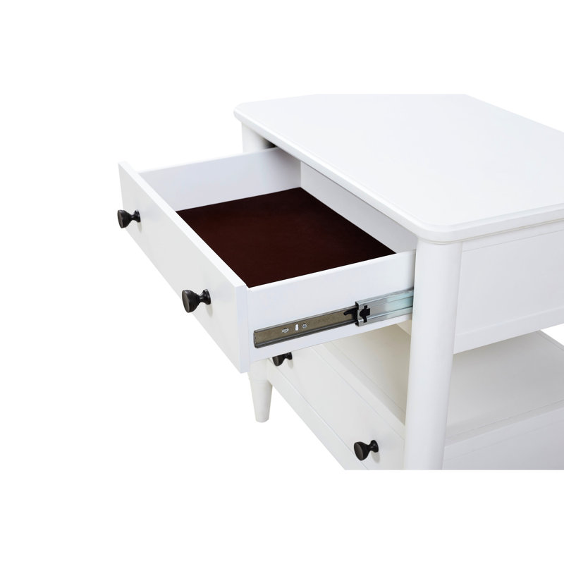 Table de chevet ouverte blanche avec 2 tiroirs - Bois massif et détails de fabrication