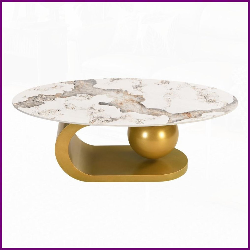 Table basse en marbre fritté à motif de marbre pour le salon, facile à nettoyer avec base en acier inoxydable doré