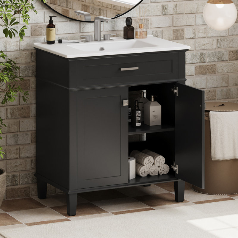 Meuble-lavabo de 30 pouces avec lavabo en céramique, porte à fermeture en douceur et tablettes réglables pour un rangement et une élégance optimaux