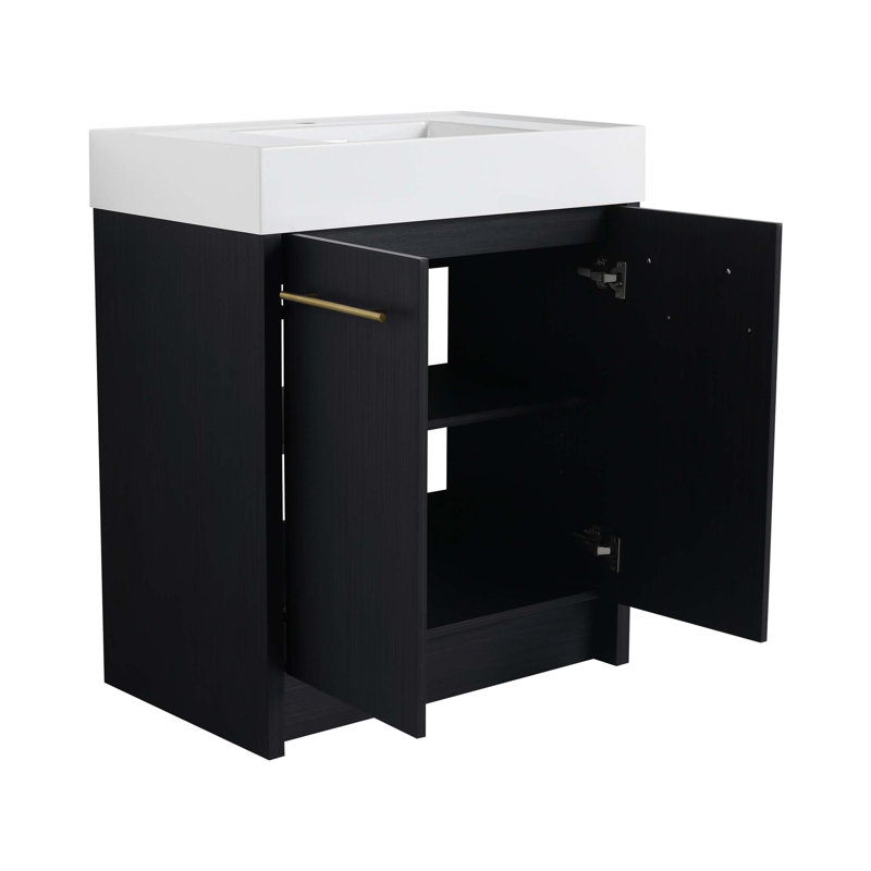 Meuble-lavabo autoportant avec lavabo en résine, avec porte à fermeture douce, 29.5"