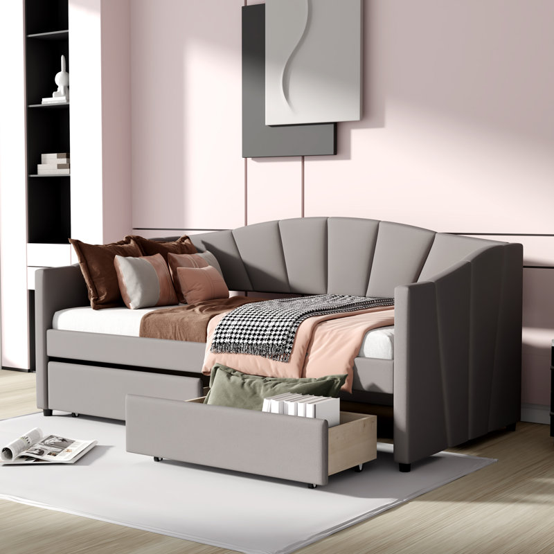 Modern Upholstered Daybed with Two Drawers, Gray