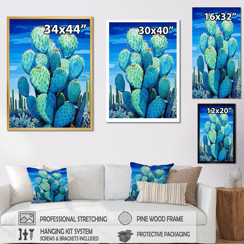 «Cerulean Blue Cactus Collage I», reproduction sur toile, H 40 po x l 30 po x P 1,5 po, Cadre simple argenté