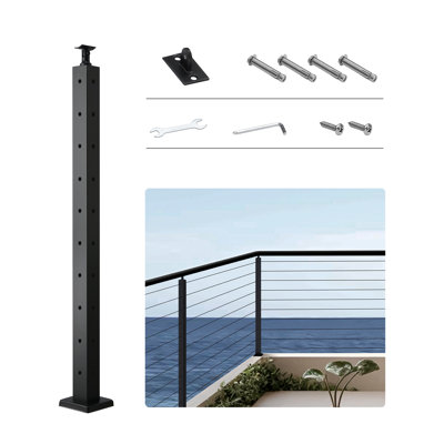 Poteau de garde-corps en câble, poteau d'angle 36 po x 2 po x 2 po, avec trous pré-percés en forme de L, poteau de garde-corps en acier inoxydable avec support horizontal et incurvé, paquet de 1, noir