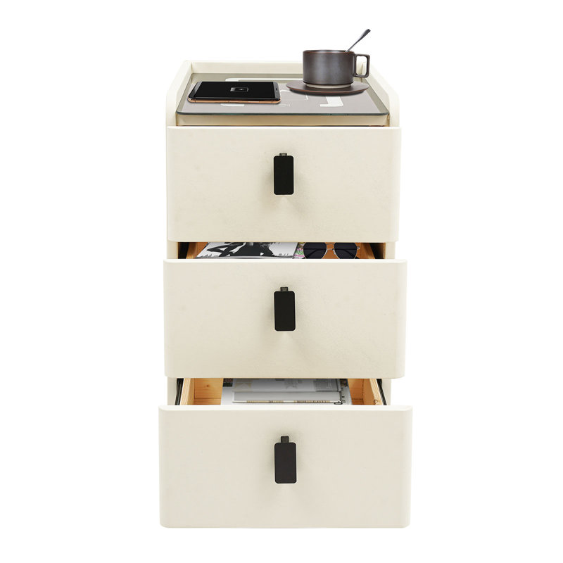 Table de chevet avec station de charge sans fil, table de chevet étroite à trois tiroirs, table de chevet moderne avec lumière DEL