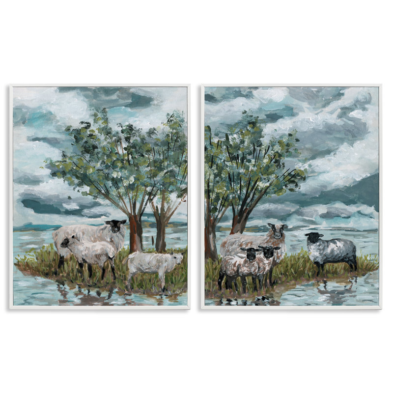 «Sheep in Field», ensemble de 2 giclées d'art encadrées par Melissa Wang, Giclée encadrée blanc bord de mer