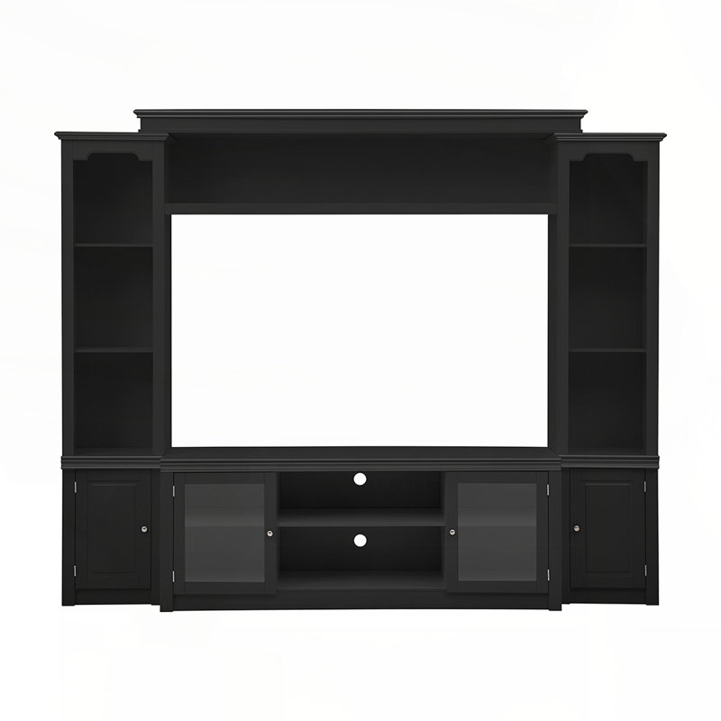 Meuble audio-vidéo avec bibliothèque intégrée, armoires en verre trempé et tablettes réglables, 74.3" H x 70.6" W x 14" D