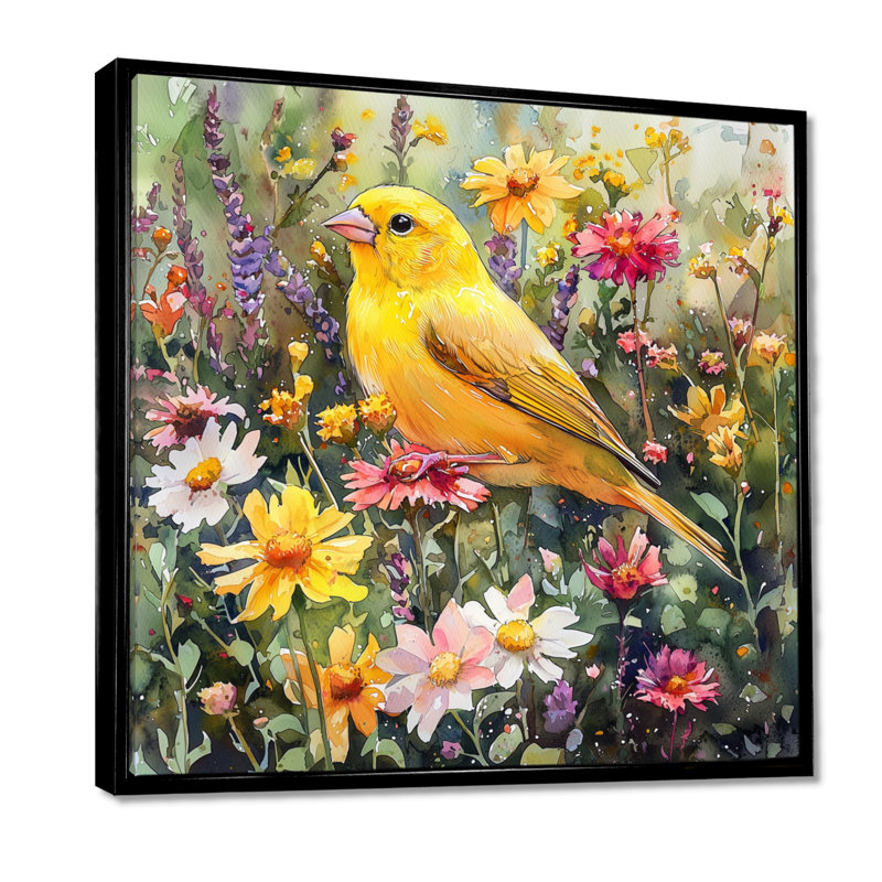 Oiseau pinson dans les fleurs sauvages II - grand oiseau, art mural, Impression encadrée flottante, Noir, H 16 po x l 16 po