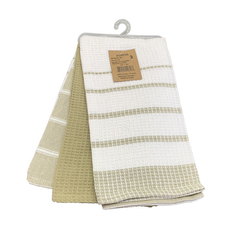 Cannady Cotton Stripe Waffle Tea Towel Kitchen Towel, Beige, 26" L x 18" W