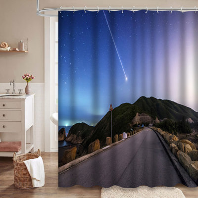 Starry Night Road Sky Blue Star Cosmic Dark Dawn Deep Desert Shower Curtain with 12 Hooks