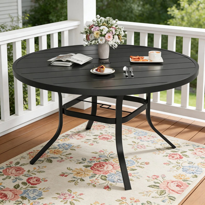 53" Patio Round Metal Dining Table With 1.57" Umbrella Hole, 28" H x 53" W x 53" D