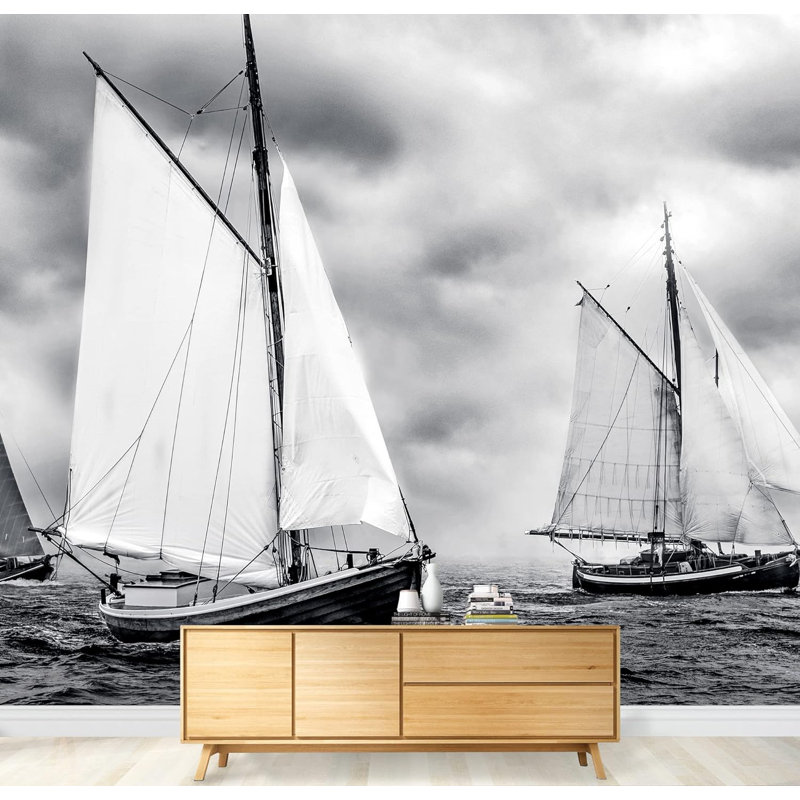 Noir et blanc voilier tempête océan nautique nature photographie papier peint murales, L 100 po x l 144 po