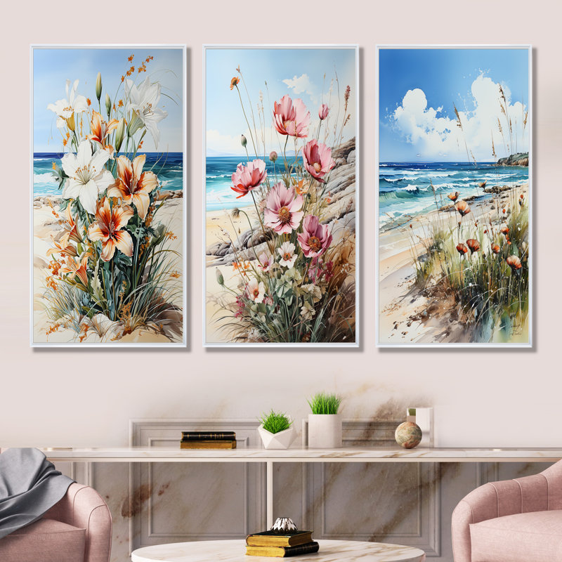 Fleurs saisonnières sur la plage - Ensemble de 3 impressions sur toile, H 28 po x l 36 po, Cadre flottant blanc