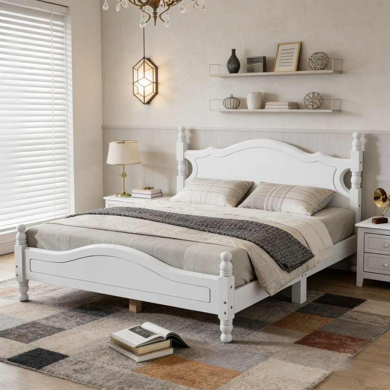 Base de lit plateforme en bois, lit plateforme de style rétro avec support en lattes de bois, Blanc, Grand lit