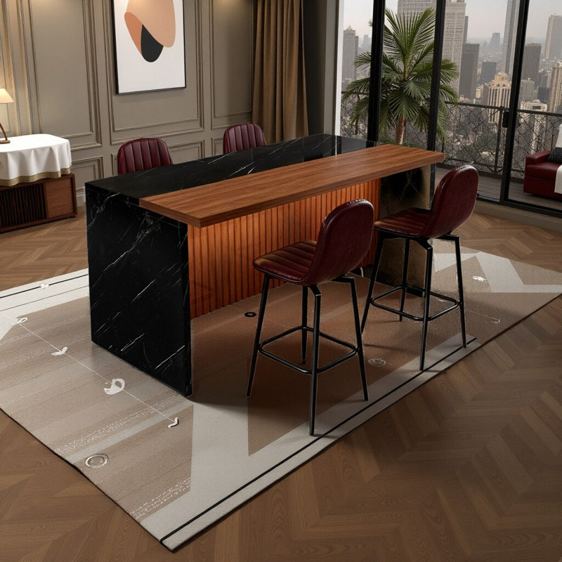 Ensemble d'îlot de cuisine 63 pouces avec 4 tabourets de bar - surface d'aspect marbre avec éclairage DEL, Noir
