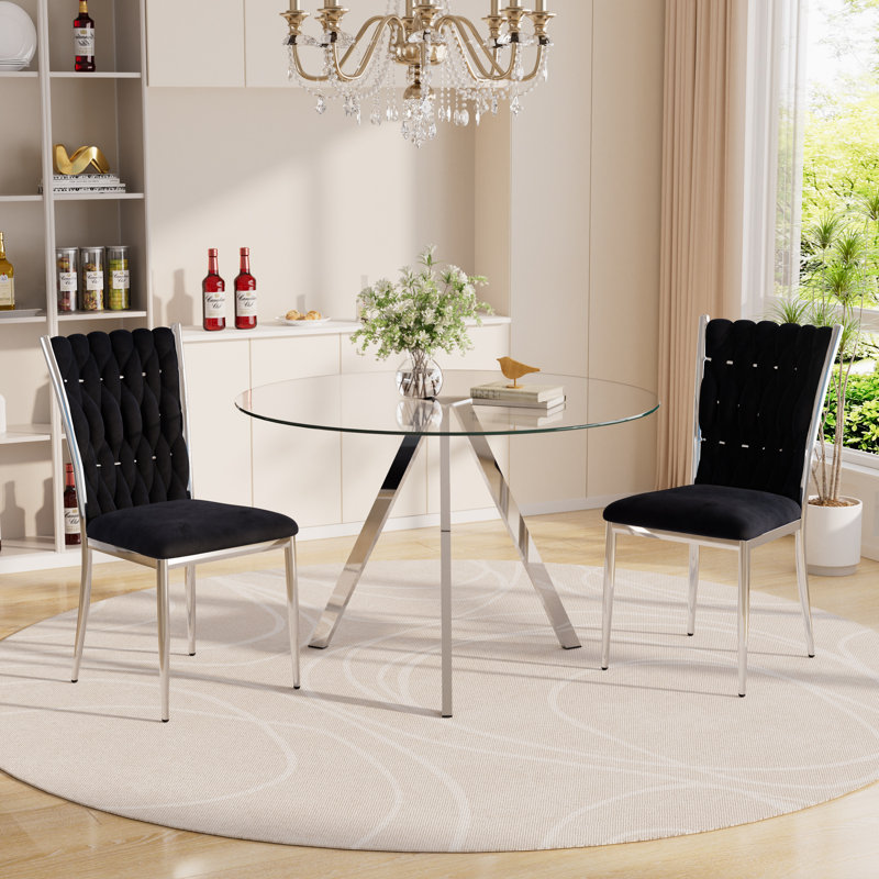 Ensemble de table de salle à manger en verre avec chaises rembourrées en velours, 3, Noir / argenté, Argent argent