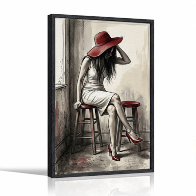 Woman in Red Hat Sitting on Stool Black and White Sketch Canvas Wall Art