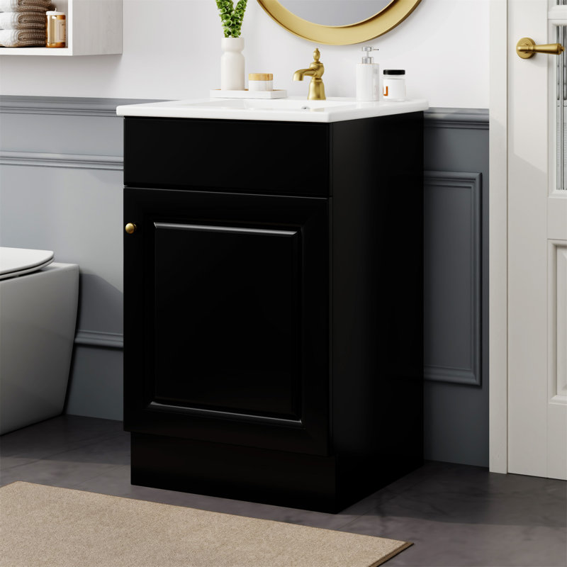 Meuble-lavabo de 20 po avec lavabo en céramique, porte et armoire de rangement, Noir, noir, noir, noir, Doré