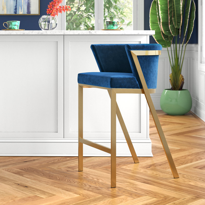 Berenice 26.5" Height Brass Stainless Steel Barstool, Blue