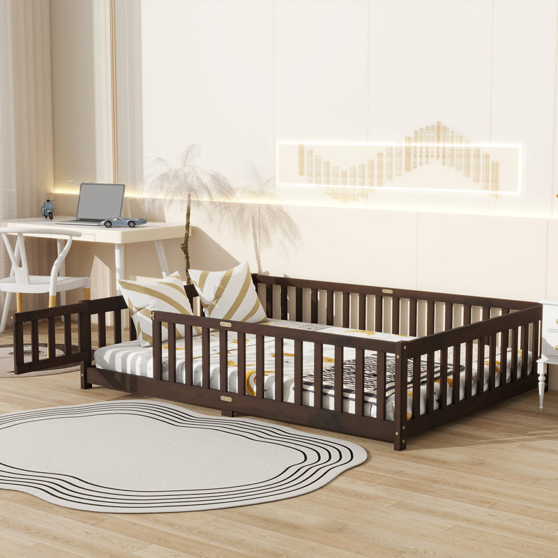 Full Floor Bed Espresso Rubber Wood Fence Door Safety, Full, Espresso