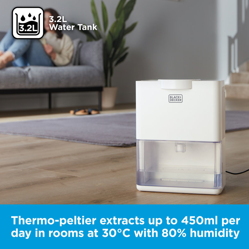 BLACK+DECKER 3.2L Smart Dehumidifier & Air Purifier, 3 Modes, 3.2L Water Tank, 48 Hour Timer, White