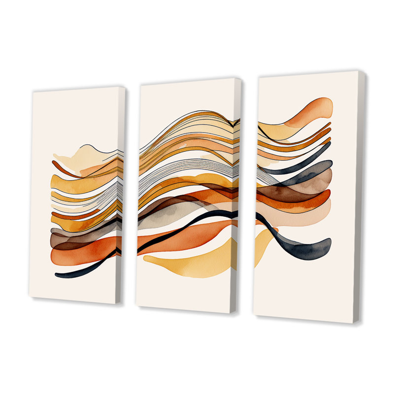 «Donnabel Burnt Orange Waves Abstract I», reproduction sur toile 3 pièces, H 32 po x l 48 po x P 1 po, Toile tendue