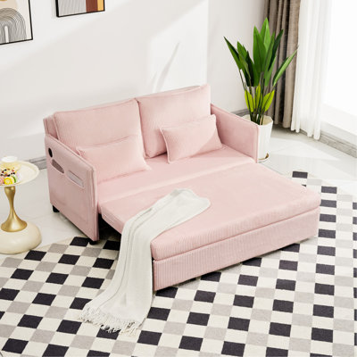 55" Convertible Sofa Bed,Pull Out Bed,3-in-1 Sofa with Side Pocket& USB Ports,Modern Corduroy Couch for Living Room, Small Space, Apartment, Bedroom, Pink