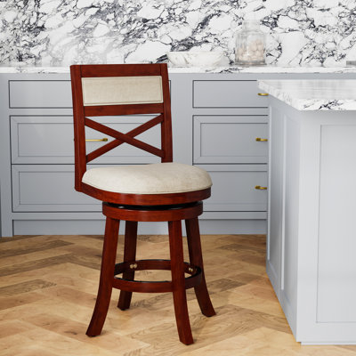 24" Counter Height Swivel Stool, Cherry Finish, Beige Fabric, And Stylish Stool In Cherry, Fabric Seat, Modern Elegant Seating