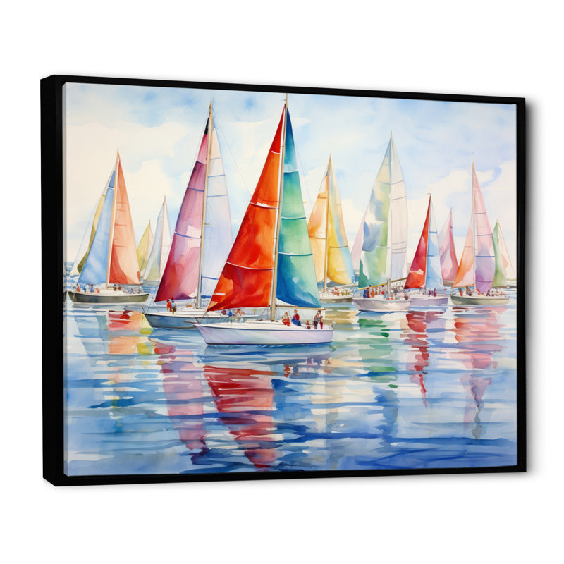 «Miminimlaism Watercolor Regatta III - Bateau à voile, art mural», Cadre flottant noir, H 24 po x l 32 po x P 1 po