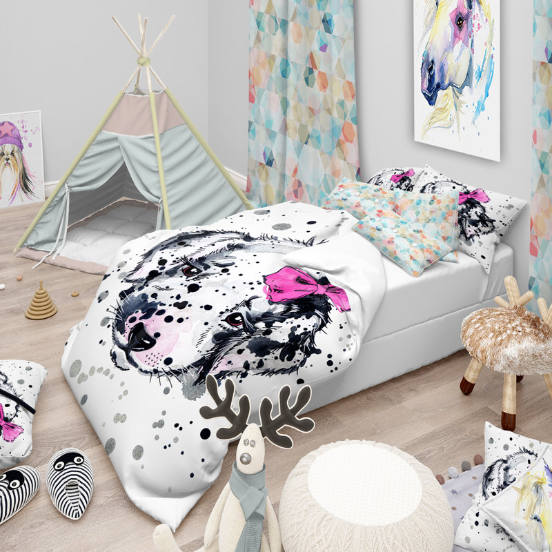 Funny Puppy with Pink Hair Band Twin Microfiber Duvet Cover Set