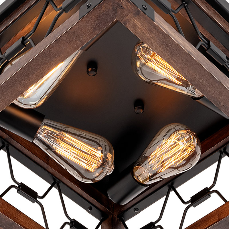 Lorang 4-light Metal Wood Frame Caged Unique Flush Mount Ceiling Light Fixture