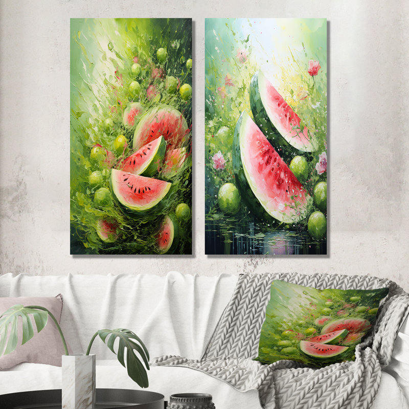 Ensemble de 2 décorations murales vertes et roses Melon Bounty I - Melon, H 28 po x l 25 po, Toile tendue