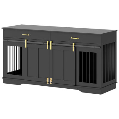 Meuble télé pour chien 2 grands chiens, très grand meuble double avec 2 tiroirs et 2 portes coulissantes verrouillables, caisse pour chien en bois pour le salon intérieur, noir